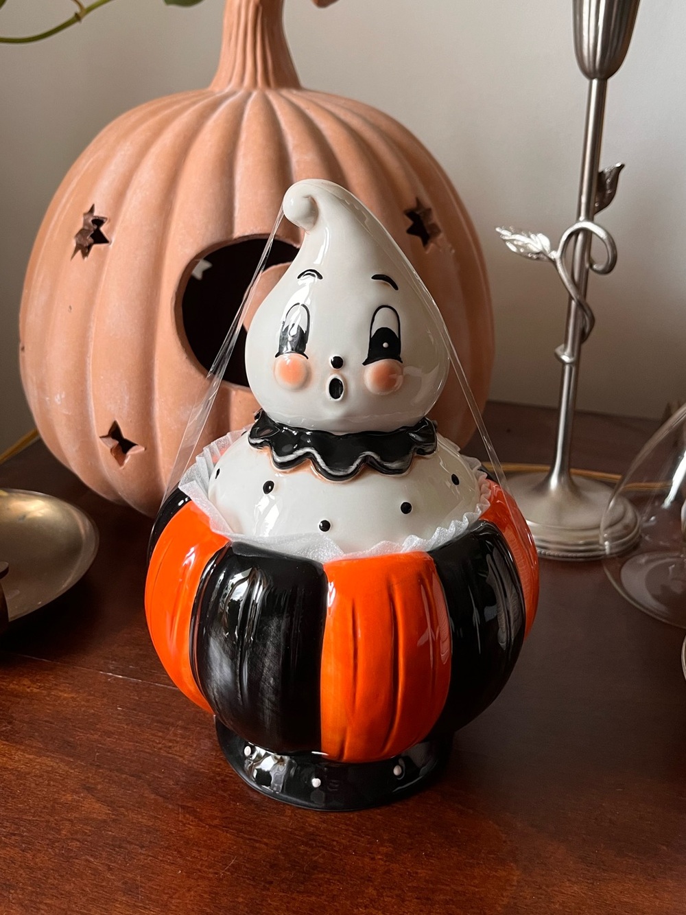Johanna Parker Halloween Gus Ghost on Striped Pumpkin Ceramic Canister Jar 2026